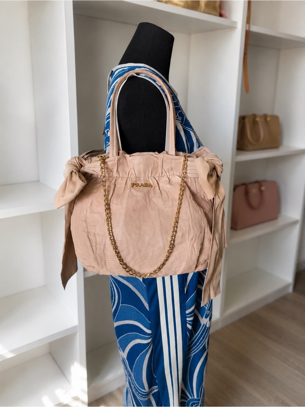 Prada Fiocco Bow Tote Cipria Nappa Leather Rare Archive Bag + Chain - Picture 14 of 16